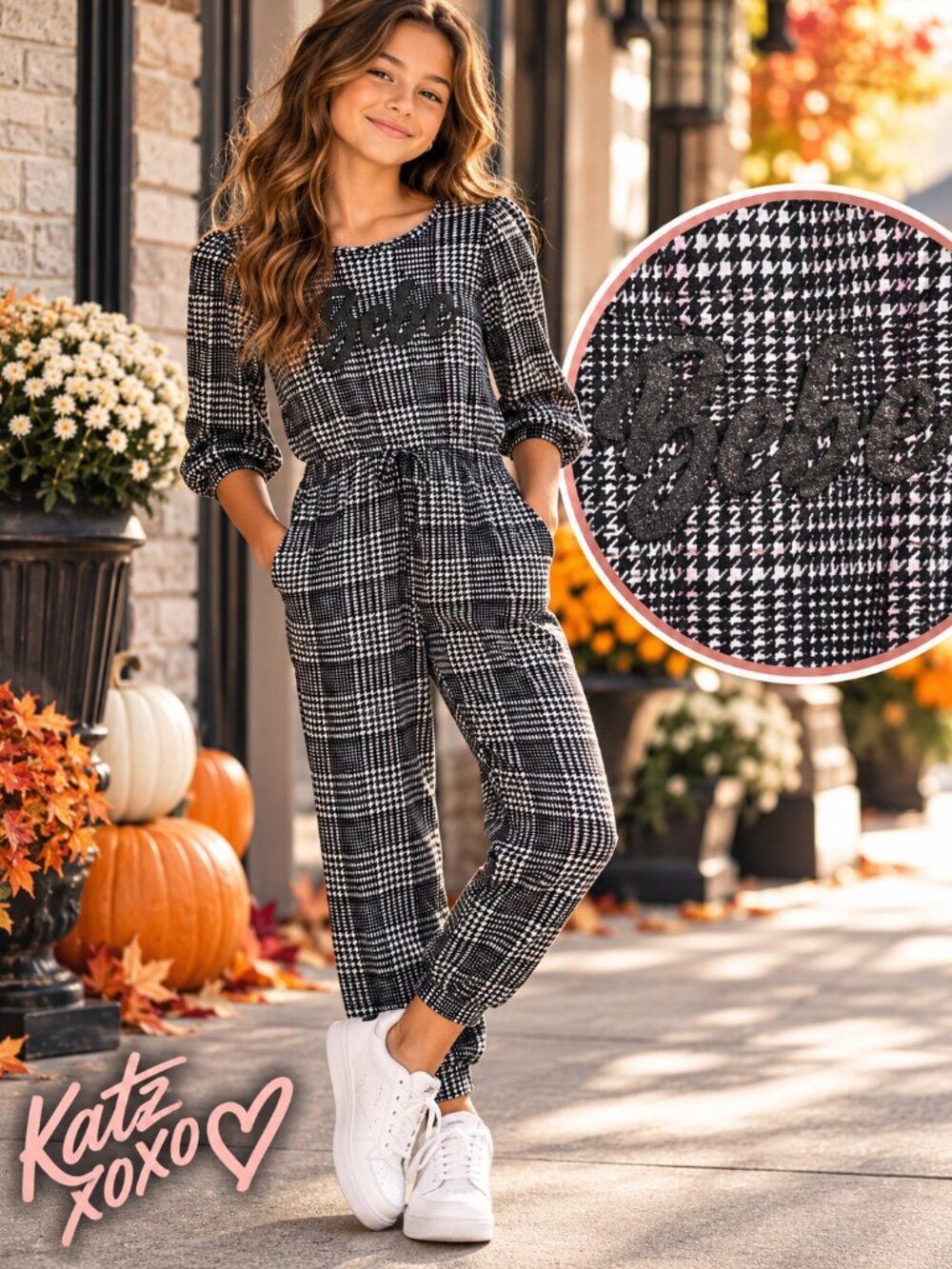 BEBE Girls 10/12 Houndstooth Jumpsuit Black White Logo Jogger Puff Sleeve Preppy